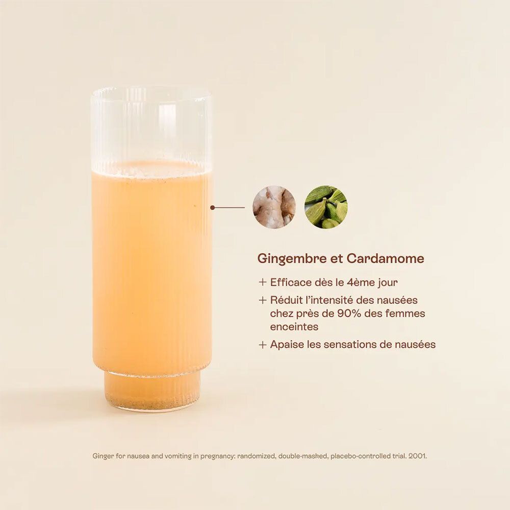 Verre de boisson jaune. Texte: Gingembre et Cardamome. Efficace dès le 4e jour. Réduit les nausées chez les femmes enceintes. Apaise.