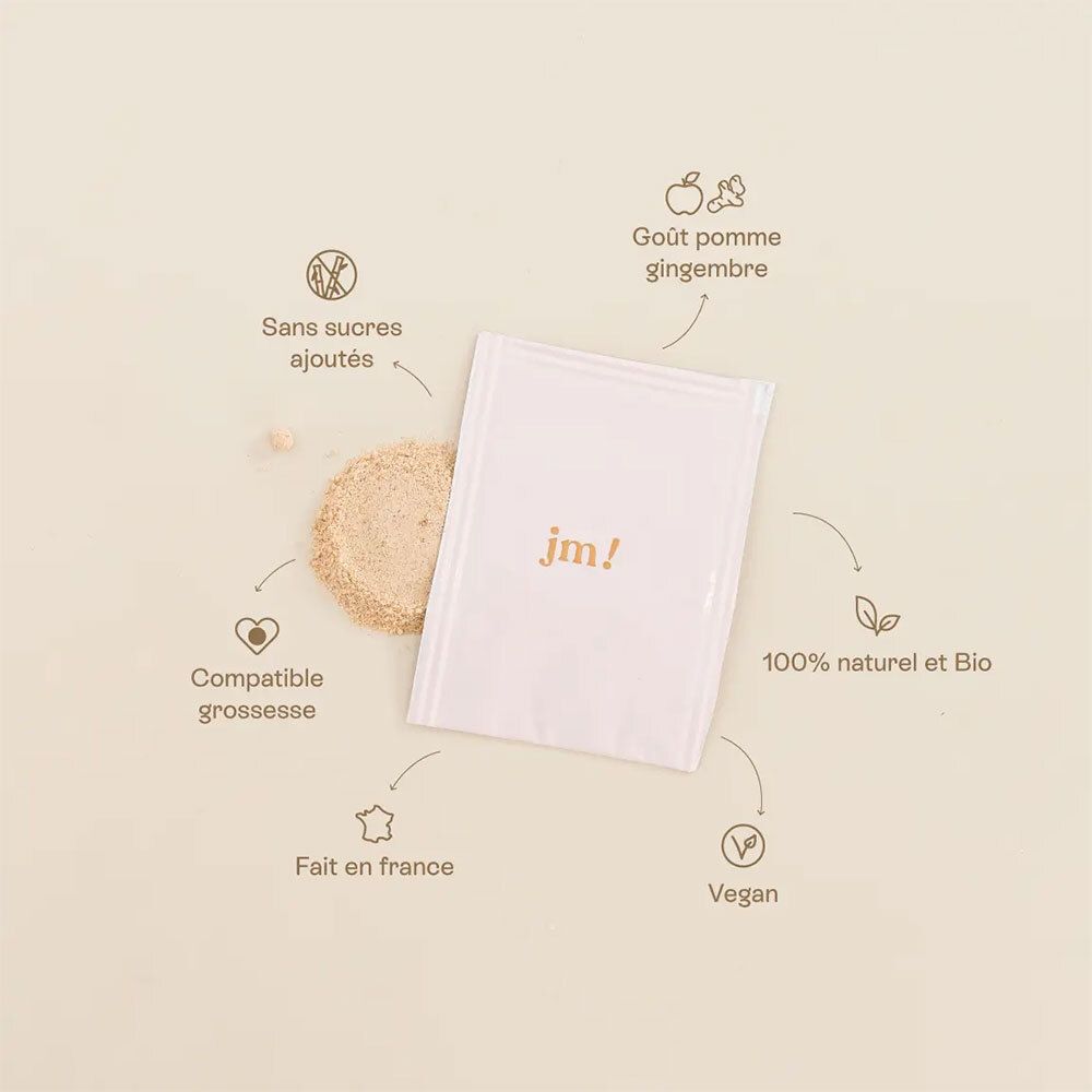 Sachet de poudre et texte. Texte: Sans sucres ajoutés, compatible grossesse, vegan, 100% naturel et bio, fabriqué en France.