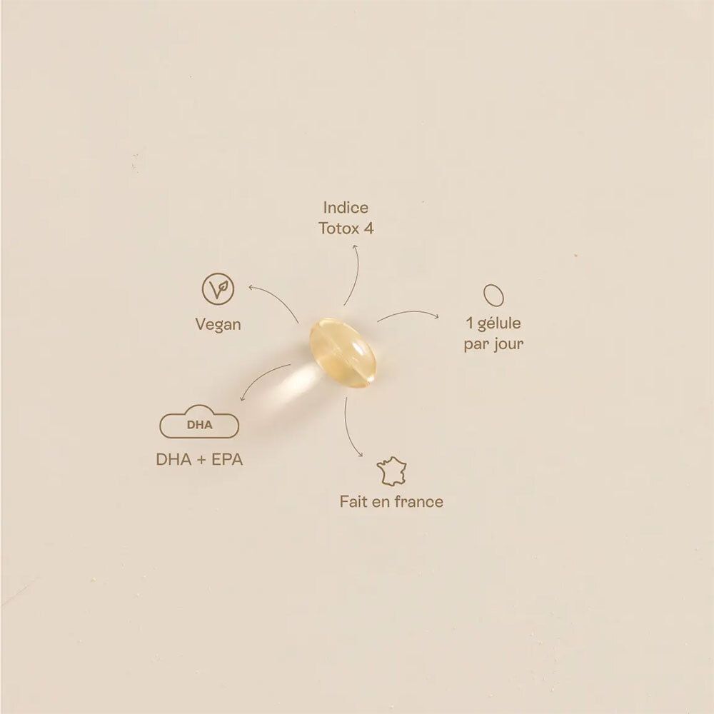 Une gélule avec informations: Vegan, DHA+EPA, Indice Totox 4, 1 gélule par jour, Fabriqué en France.
