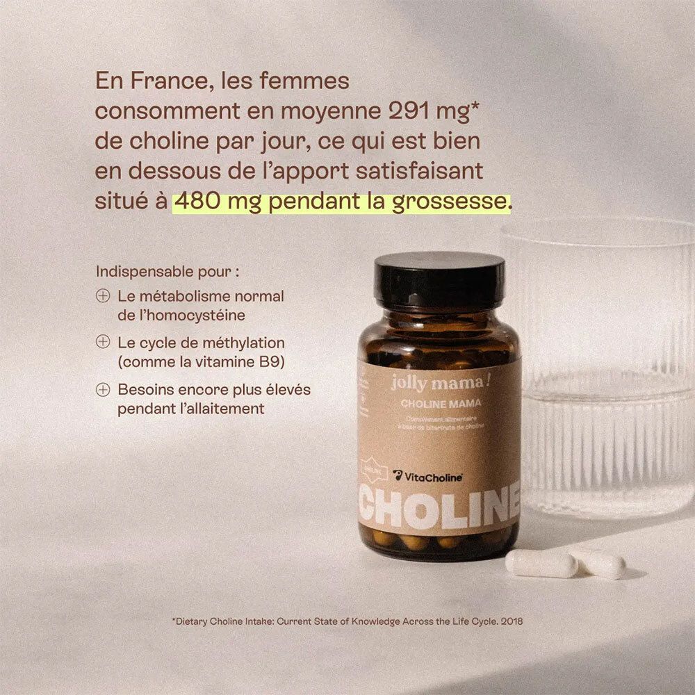 Flacon marron avec gélules. Texte: Jolly Mama Choline Mama. Informations sur les besoins en choline pendant la grossesse.