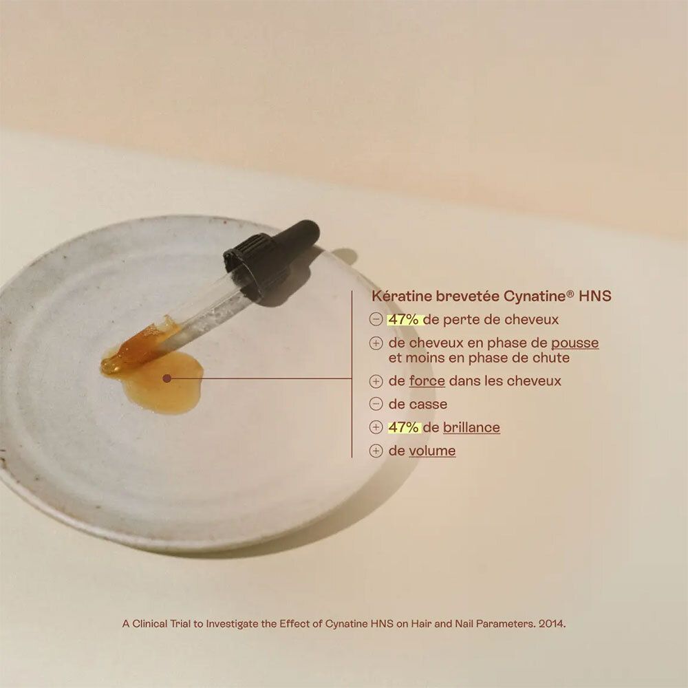 Gouttes sur une assiette. Texte: Kératine brevetée Cynatine HNS, 47% de perte de cheveux, plus de brillance, plus de volume.