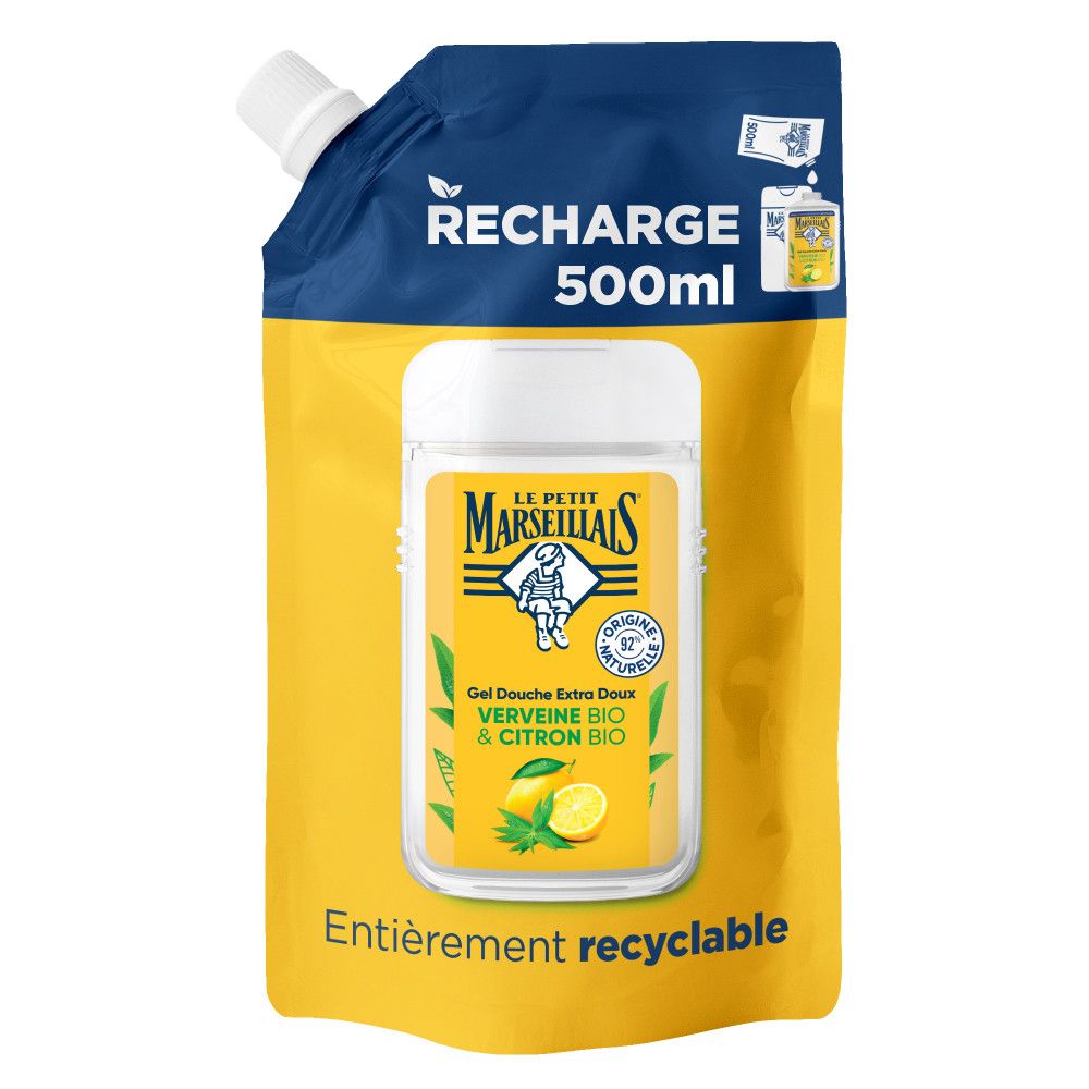 Recharge de gel douche Verveine BIO & Citron BIO. Contenance 500ml. Emballage jaune et bleu avec informations produit.