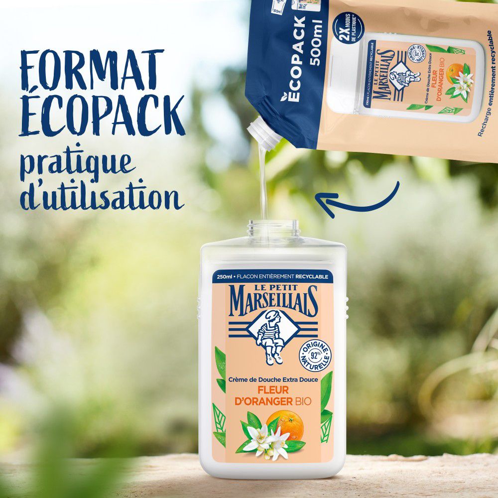 Recharge verse du gel douche dans un flacon.  "FORMAT ECOPACK pratique d'utilisation" est à gauche.