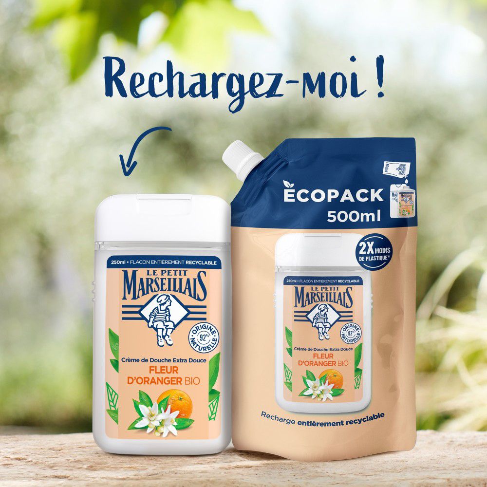 Deux produits côte à côte : flacon et recharge.  "Rechargez-moi !" est écrit en haut.