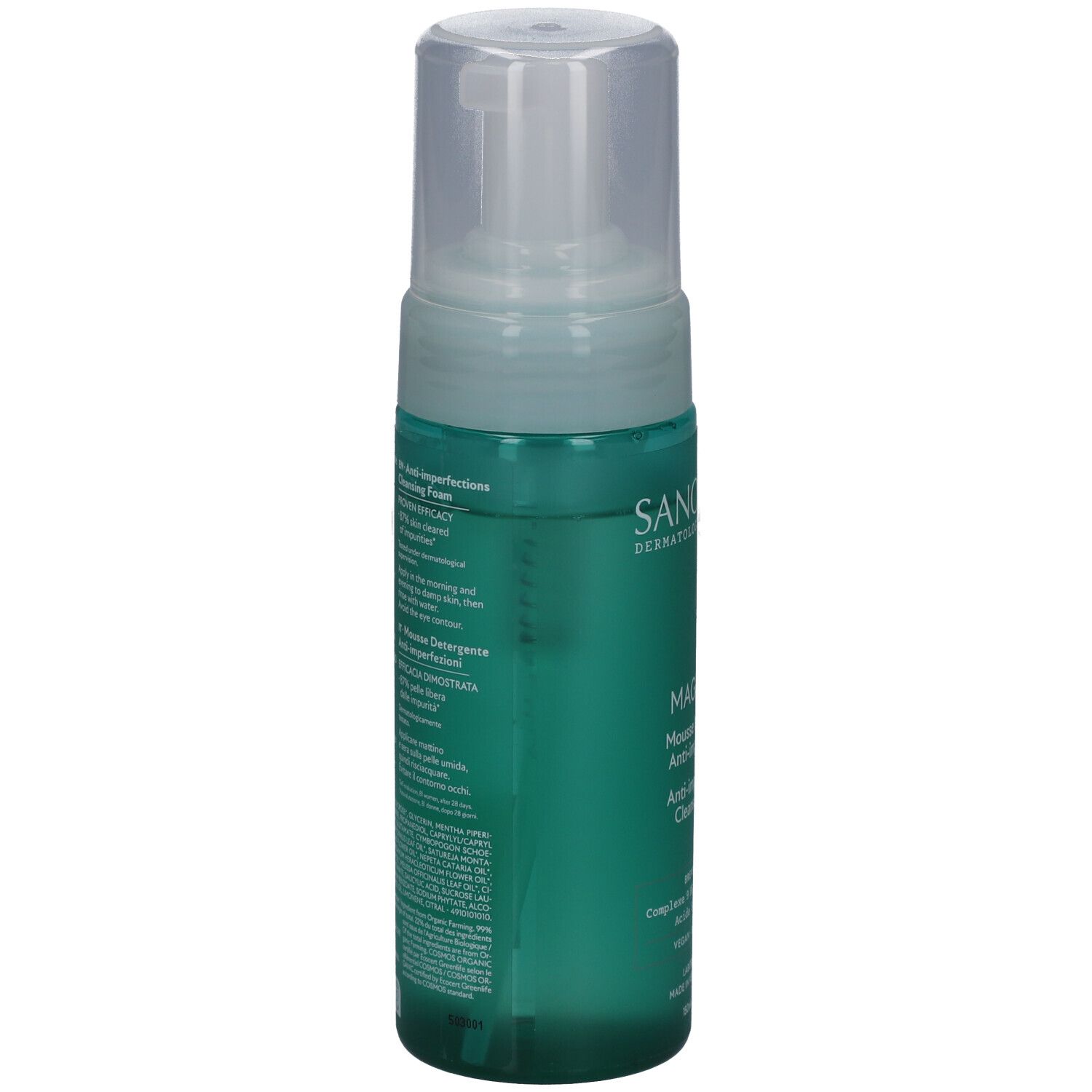 Flacon vert avec pompe blanche. Texte multilingue. Informations produit et ingrédients.