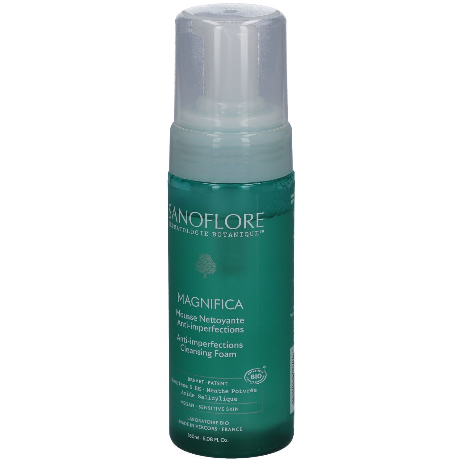 Flacon vert avec pompe blanche. Inscriptions: SANOFLORE, MAGNIFICA, Anti-imperfections. Certification bio.