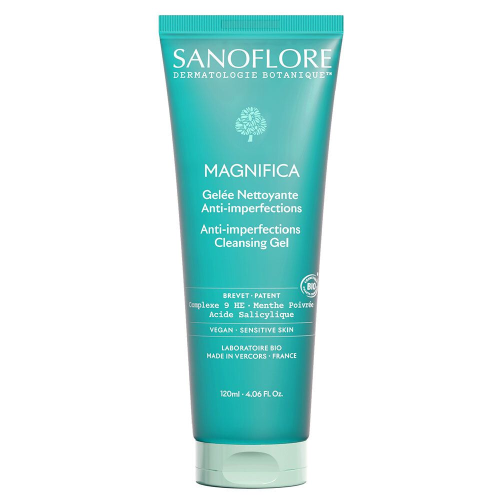 Tube turquoise avec nom du produit et texte. Contient des informations sur les ingrédients et les certifications.