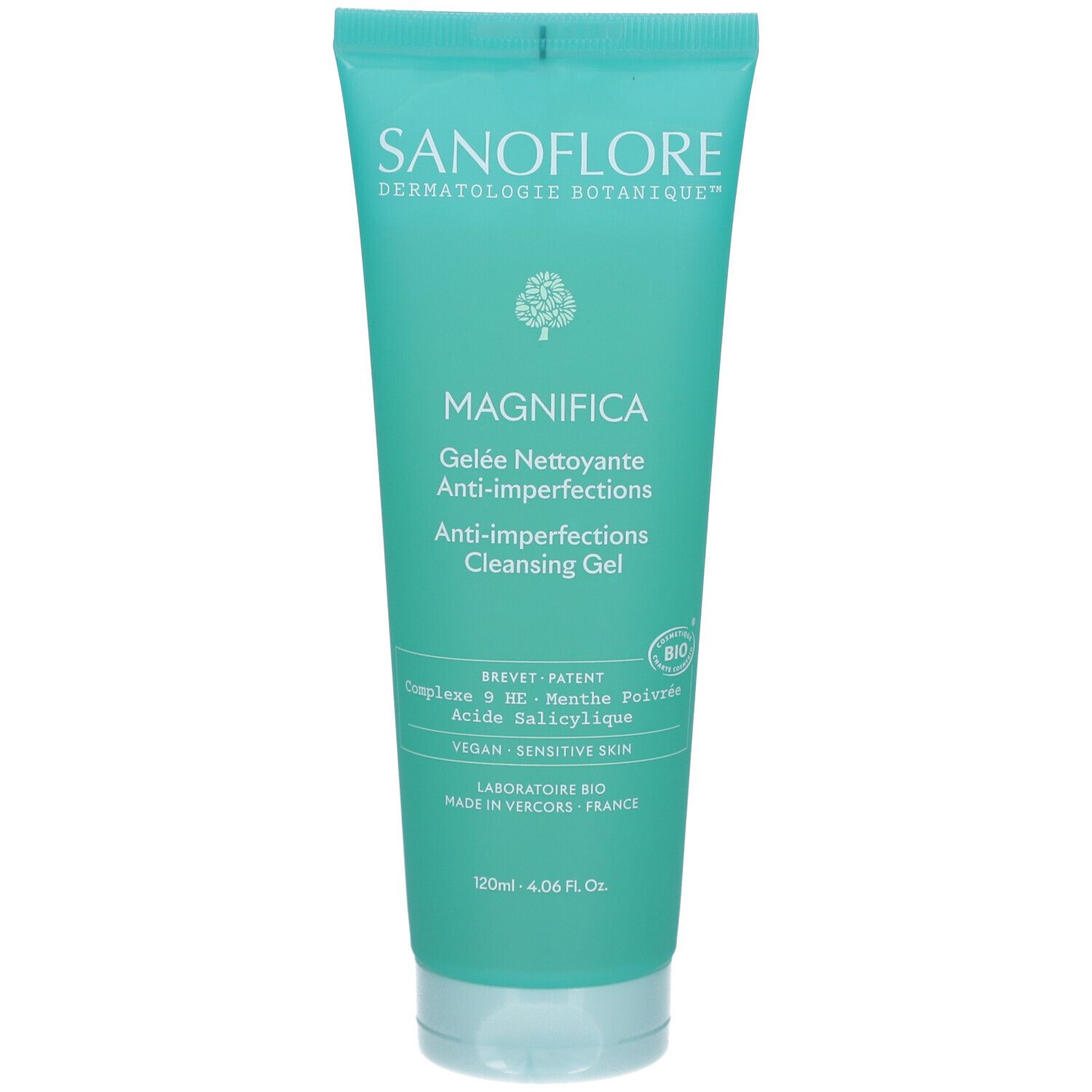 Tube turquoise. Logo SANOFLORE et nom Magnifica. Texte: Gelée Nettoyante Anti-Imperfections. Vegan, 120ml.