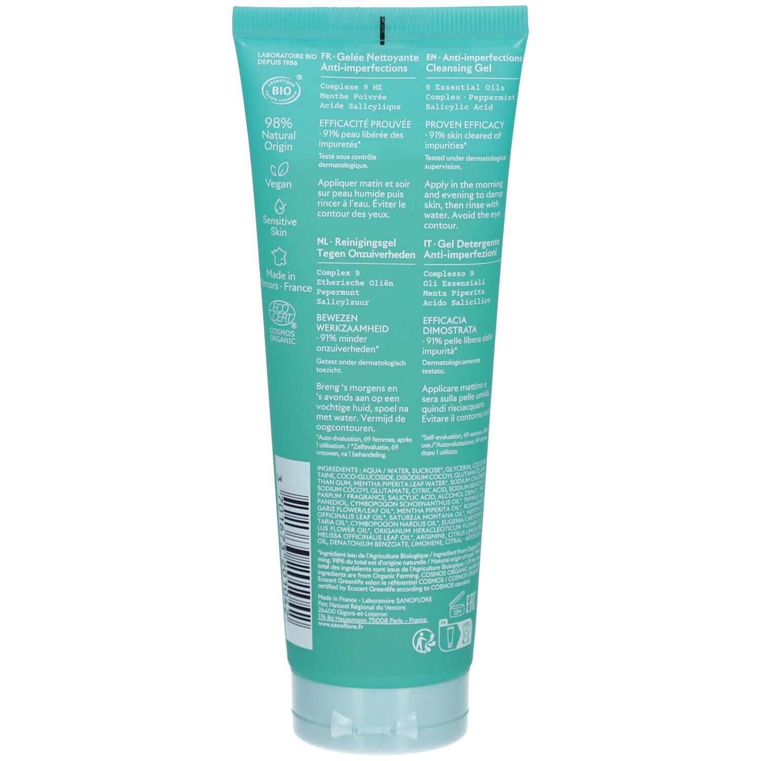 Dos du tube. Texte multilingue. Informations sur les ingrédients et l'utilisation. Certification bio.