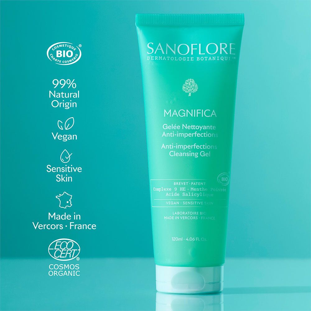 Tube turquoise avec nom du produit et certifications. Contient des informations sur les ingrédients et les propriétés.