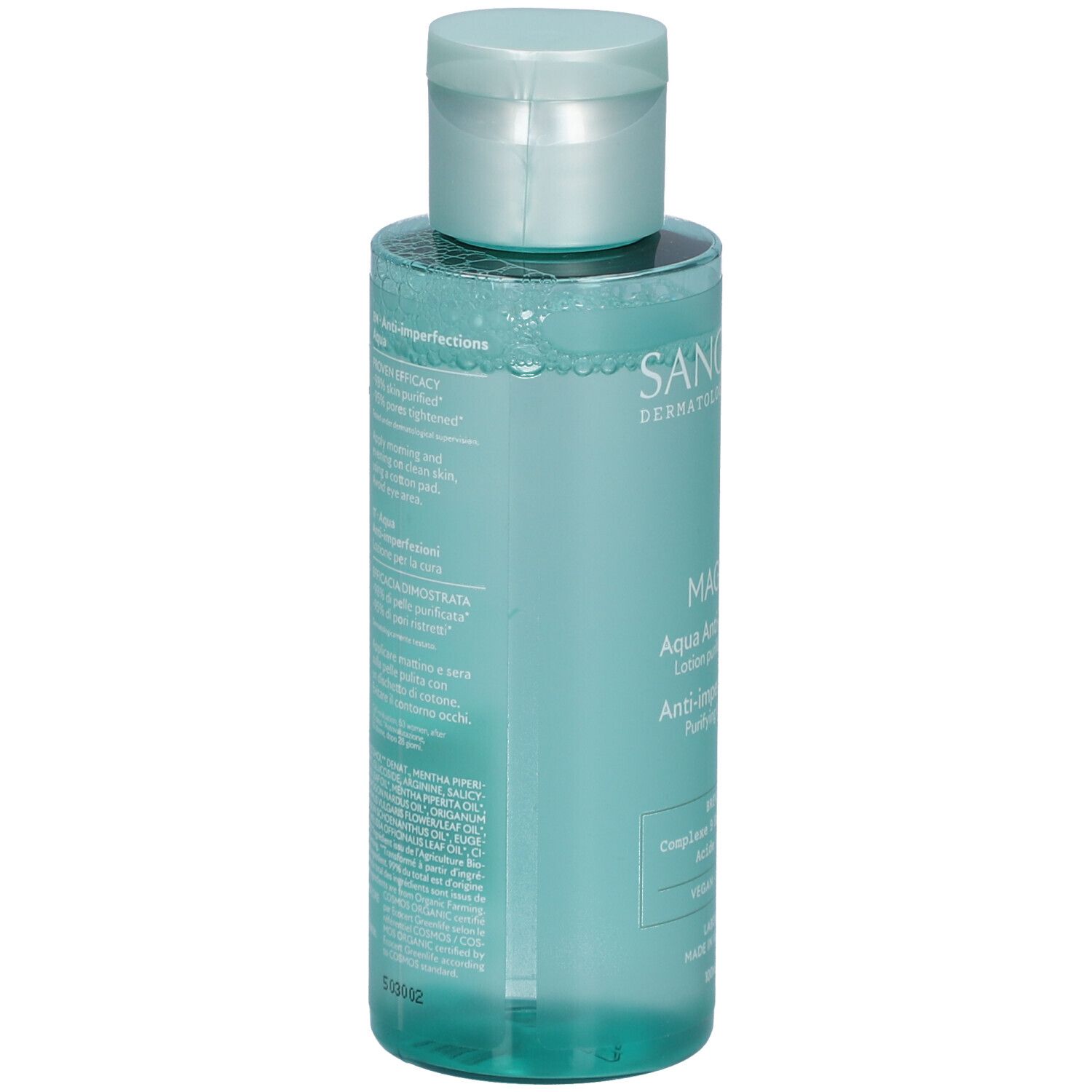 Dos du flacon. Inscriptions: SANOFLORE, MAGNIFICA, Aqua Anti-imperfections. Ingrédients et informations. Vegan.