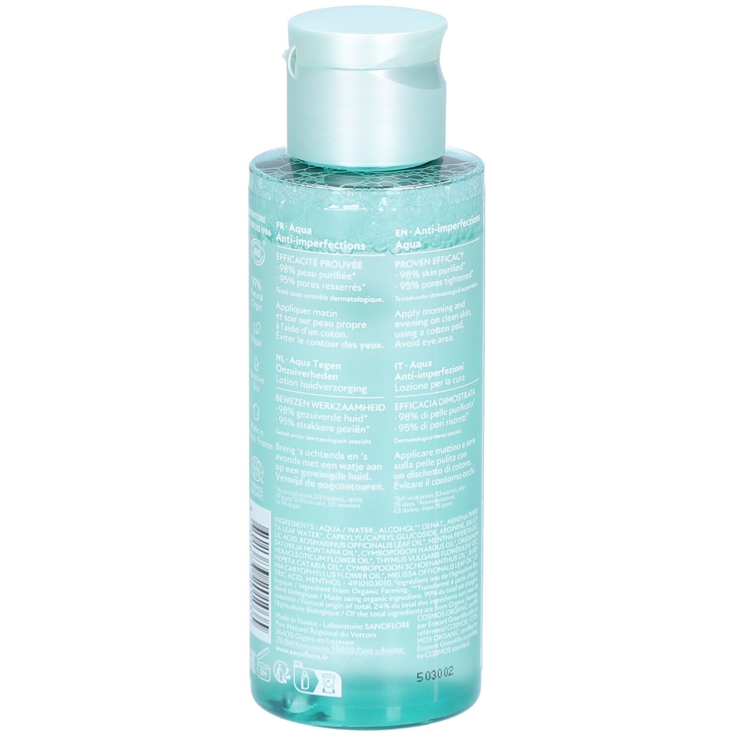 Dos du flacon. Inscriptions: Aqua Anti-imperfections. Ingrédients et informations. Vegan. Code-barres.