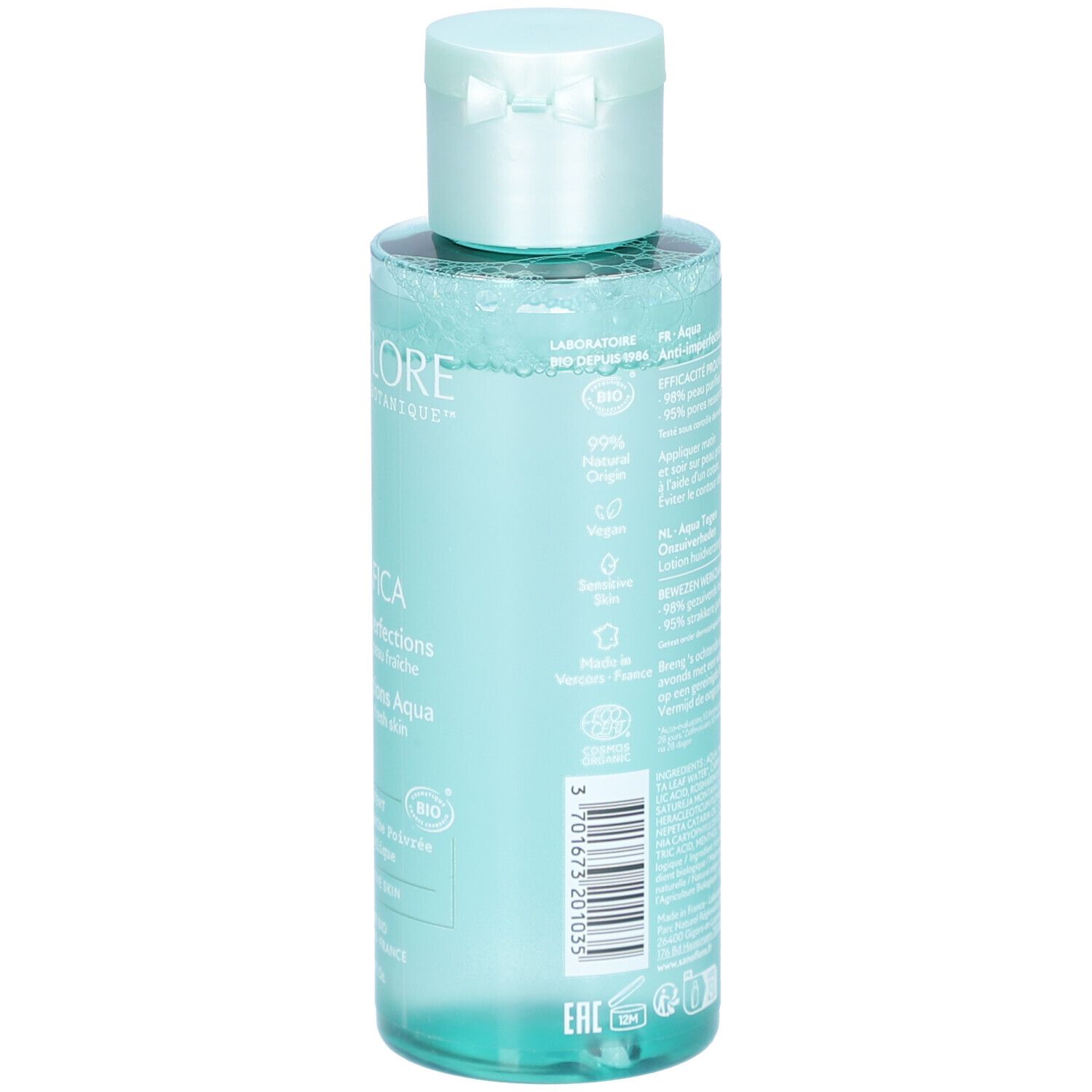 Dos du flacon. Inscriptions: Aqua Anti-imperfections. Informations, Vegan, 99% d'origine naturelle. Code-barres.
