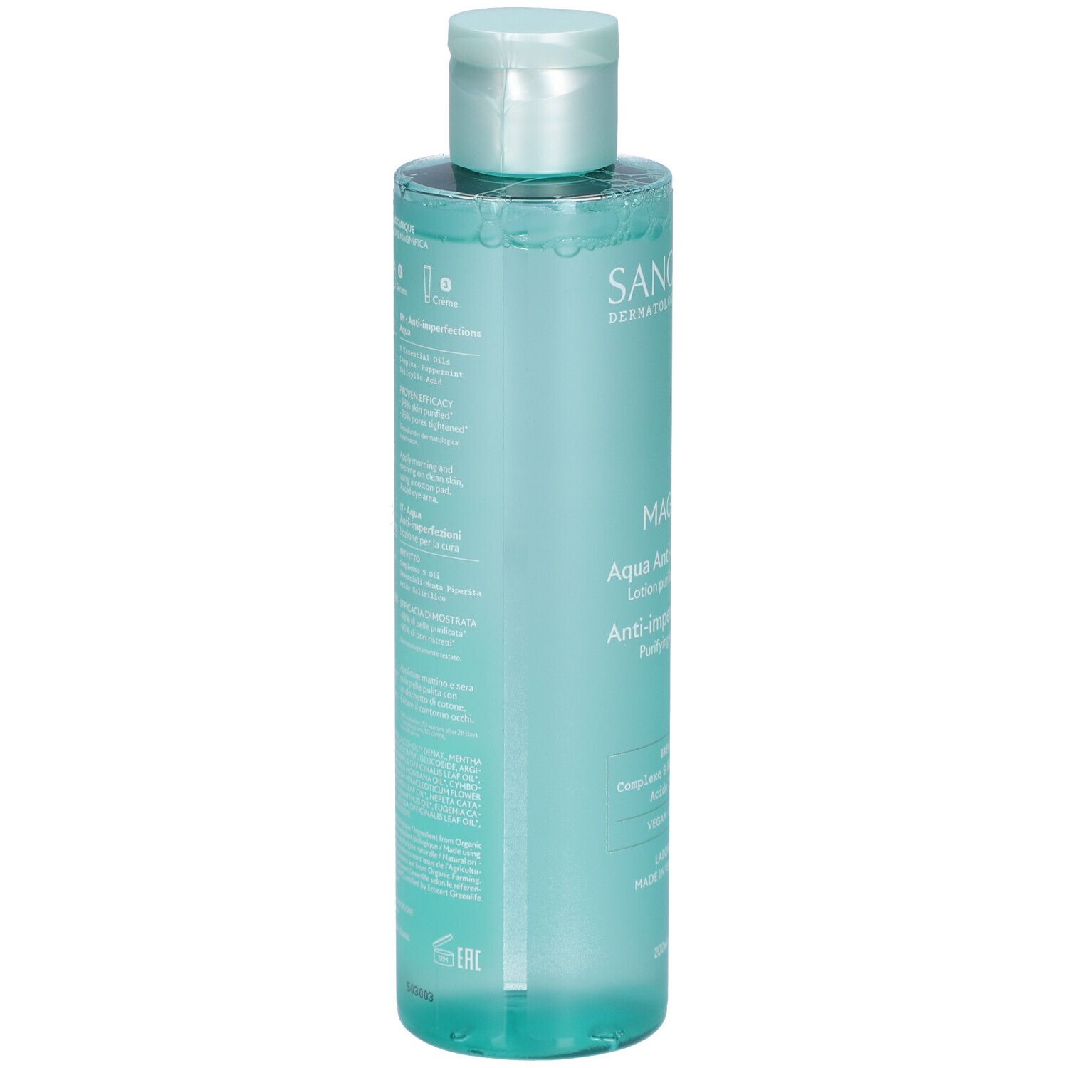 Vue arrière d'un flacon turquoise. Texte et étiquette au dos.
