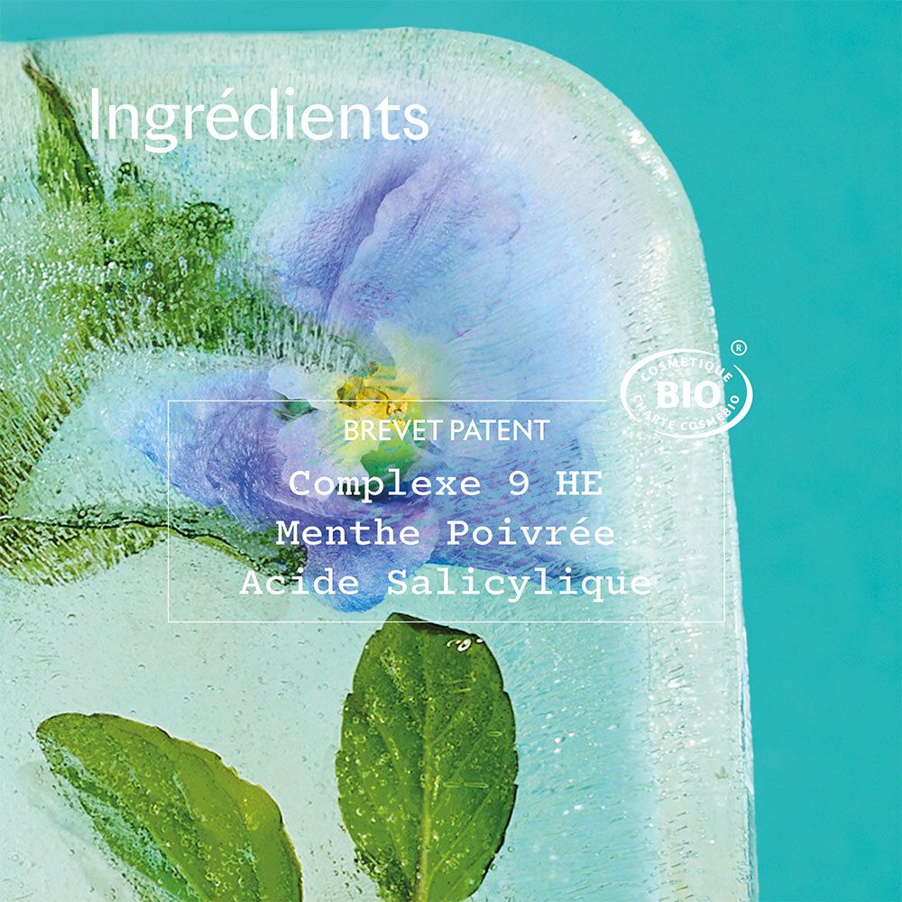 Bloc de glace avec fleurs et feuilles. Texte: BREVET PATENT, Complexe 9 HE, Menthe Poivrée, Acide Salicylique. Certification Bio.