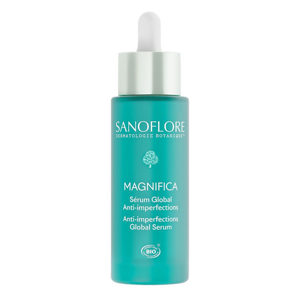 Flacon turquoise avec bouchon blanc et pipette. Inscriptions : SANOFLORE, MAGNIFICA, Sérum Global Anti-Imperfections. Certification bio.
