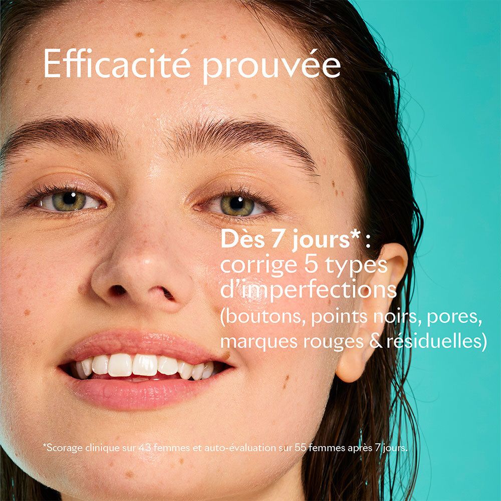 Gros plan sur un visage. Texte : Efficacité prouvée. Corrige 5 types d'imperfections. Dès 7 jours.