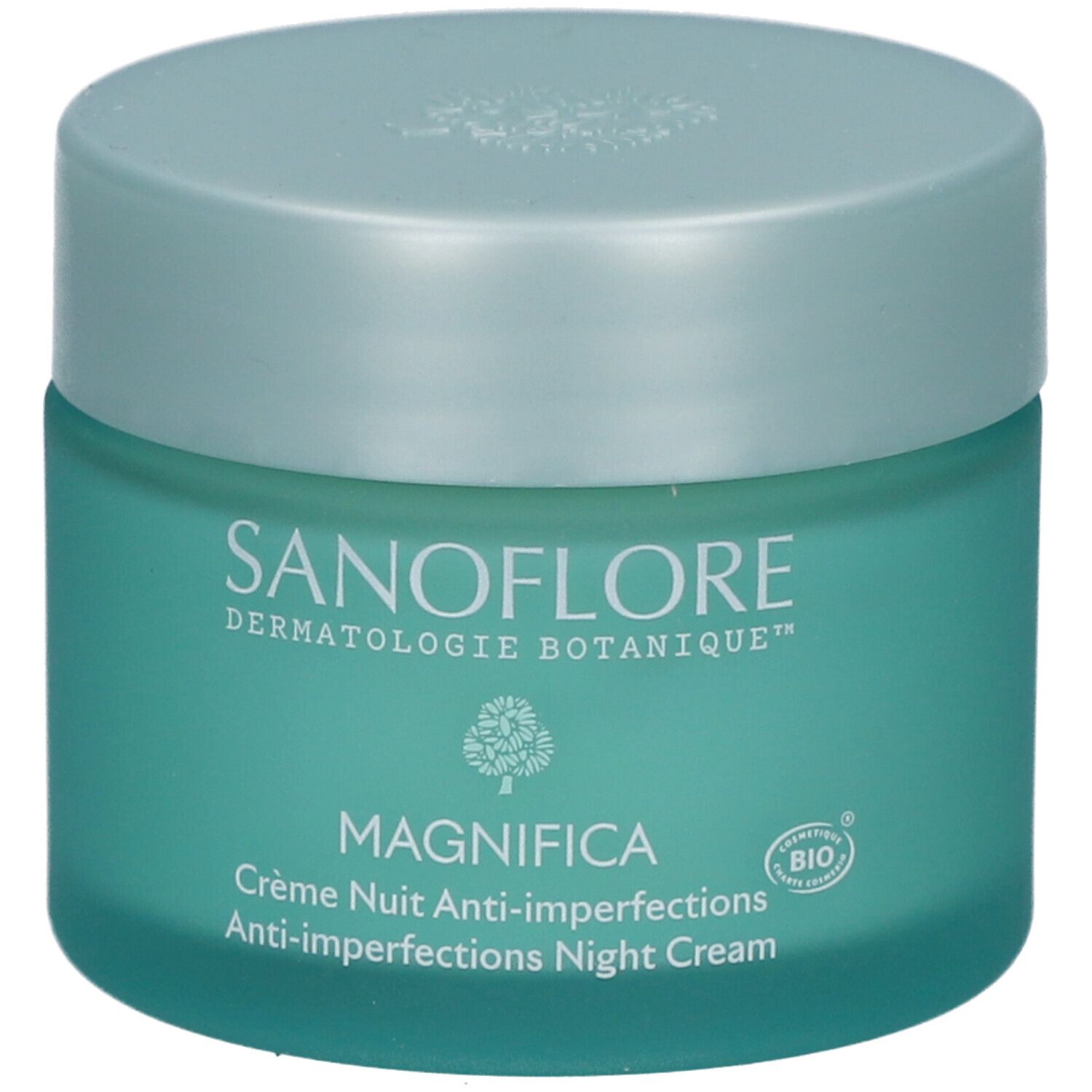 Pot turquoise avec couvercle. Inscription: SANOFLORE, Magnifica, Crème Nuit Anti-imperfections. Certification Bio.