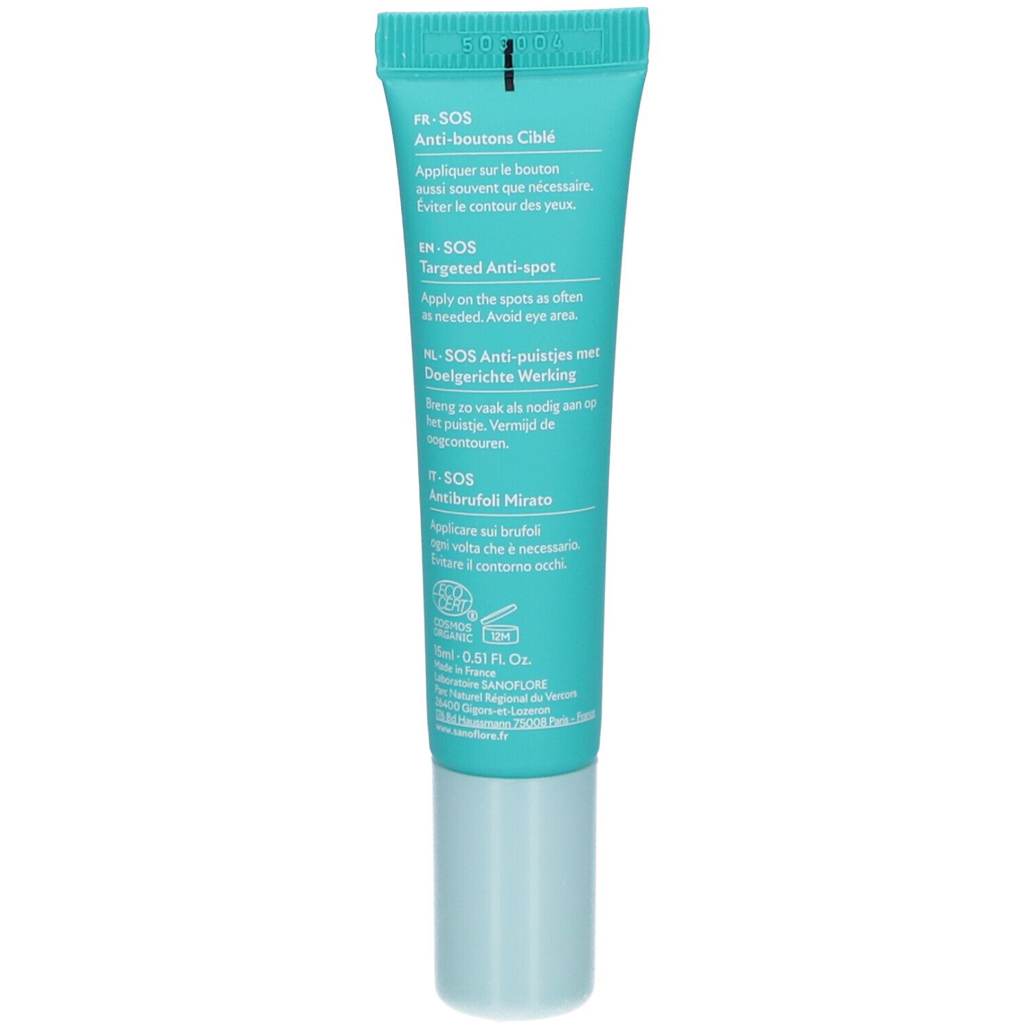 Dos du tube. Texte en français, anglais, néerlandais et italien. Certification Bio. Texte blanc sur fond turquoise.