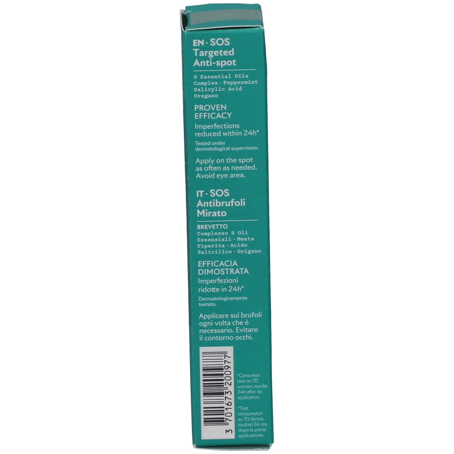 Dos de la boîte. Texte en anglais et italien. Informations sur le produit. Certification Bio. Code-barres.