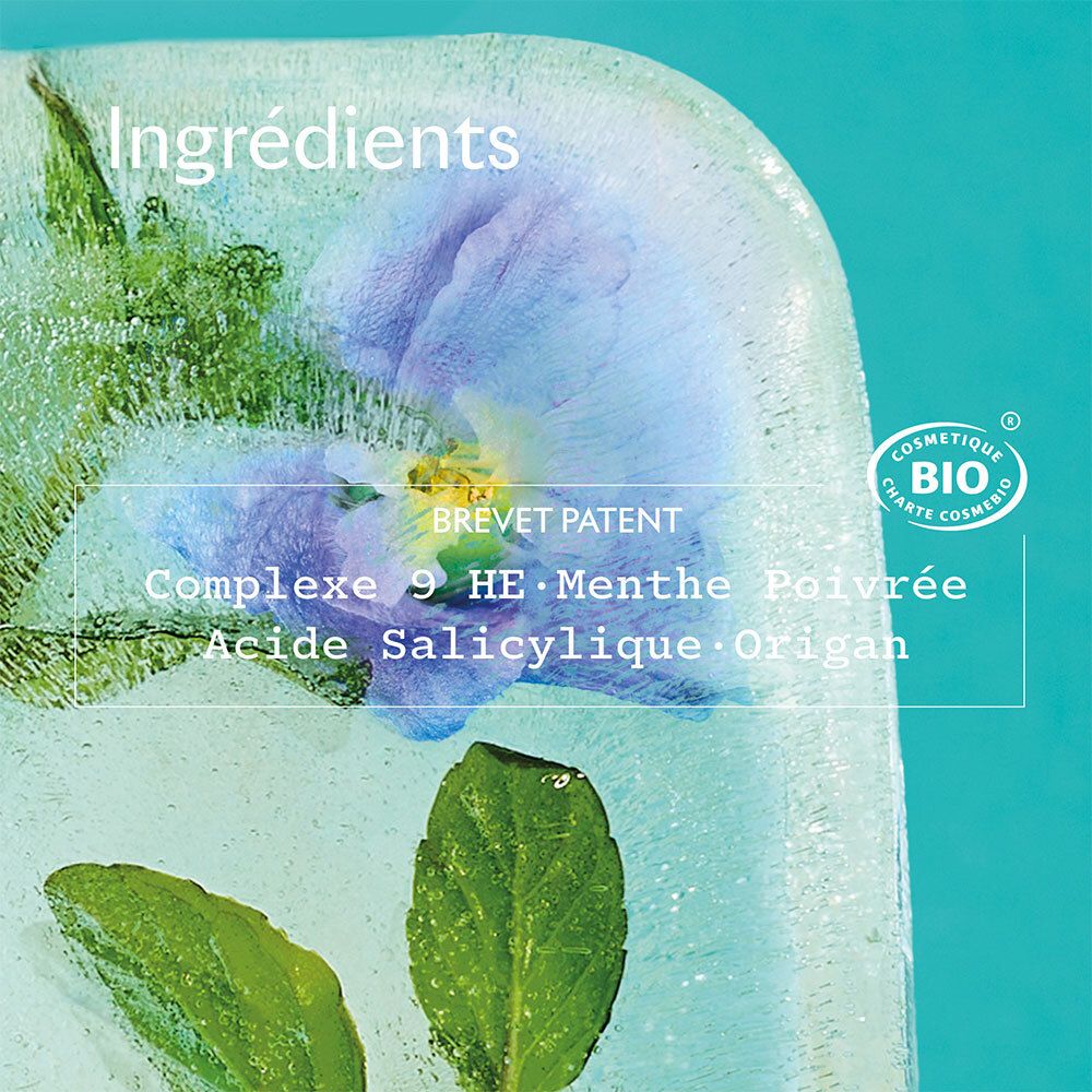 Bloc de glace avec fleurs et feuilles. Texte: Ingrédients, Complex 9 HE, Menthe Poivrée, Acide Salicylique, Origan. Logo brevet. Label Bio.