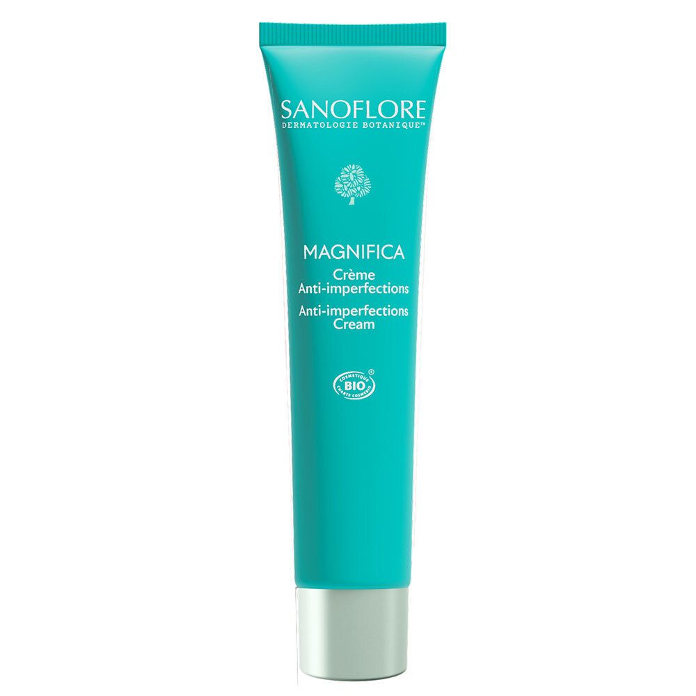 Tube turquoise avec texte blanc. Nom du produit: MAGNIFICA Crème Anti-imperfections. Marque: SANOFLORE. Certification bio.