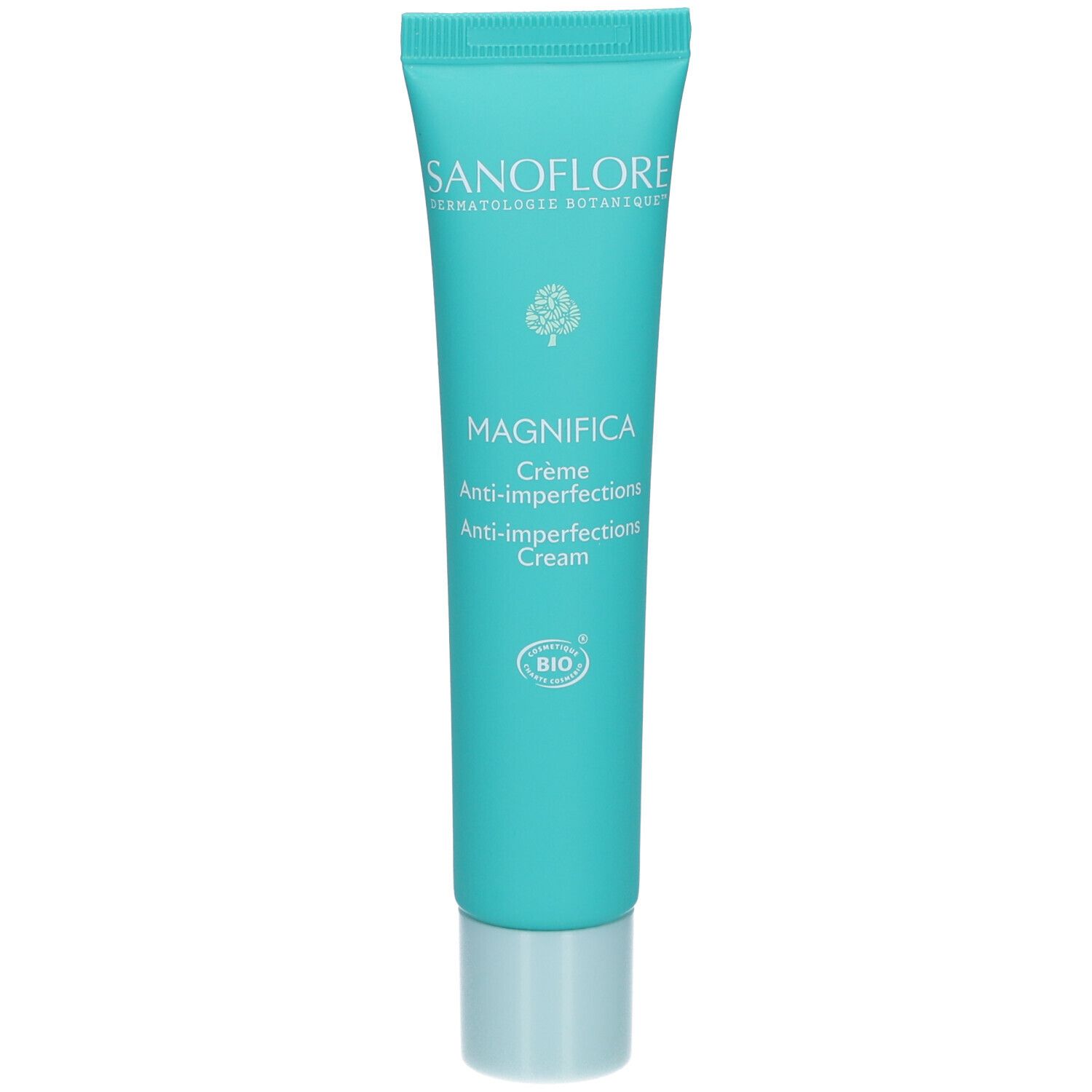 Tube turquoise avec texte blanc. SANOFLORE, MAGNIFICA Crème Anti-imperfections. Logo Bio. Bouchon clair.