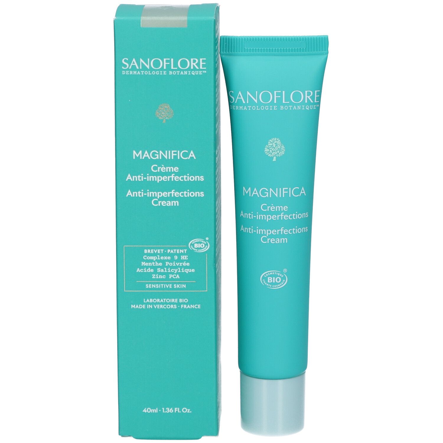 Produit et emballage. Boîte et tube turquoise. MAGNIFICA Crème Anti-imperfections sur la boîte. Logo Bio.