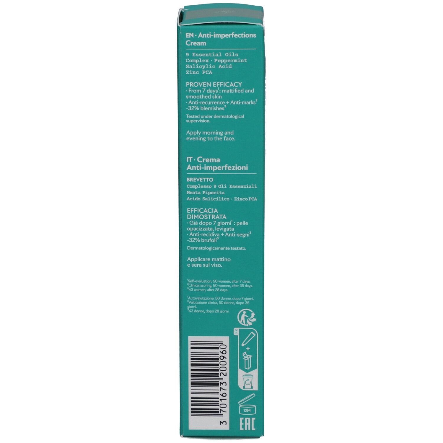 Dos de la boîte. Texte en anglais et italien. Ingrédients et efficacité. Code-barres et certifications.