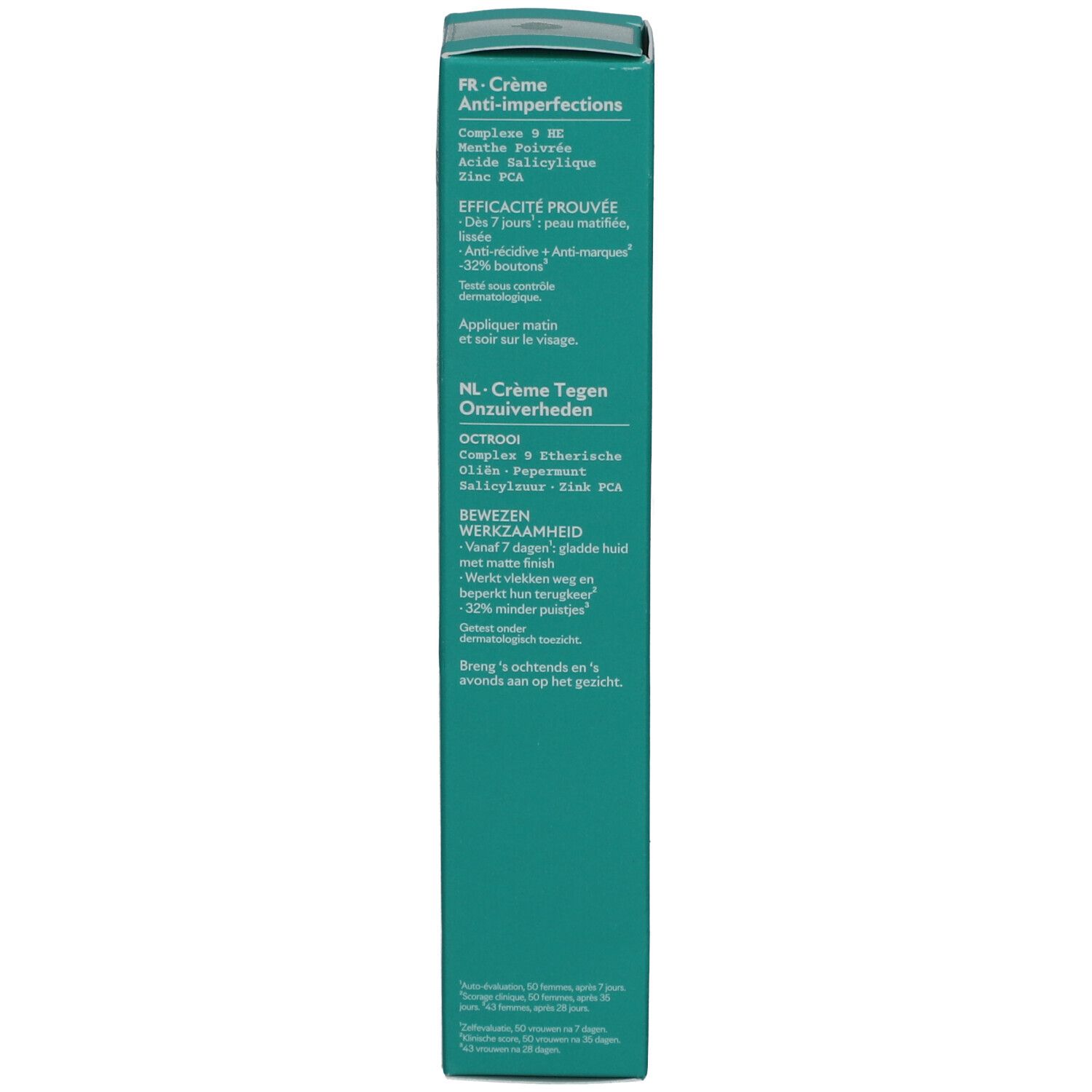 Côté de la boîte. Texte en français et néerlandais. Efficacité et utilisation. Code-barres.