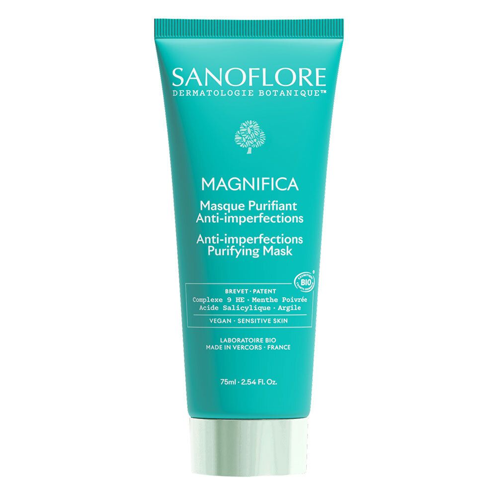 Tube turquoise avec bouchon blanc. Inscription: Sanoflore, Magnifica Masque Purifiant Anti-imperfections. Vegan, peau sensible.