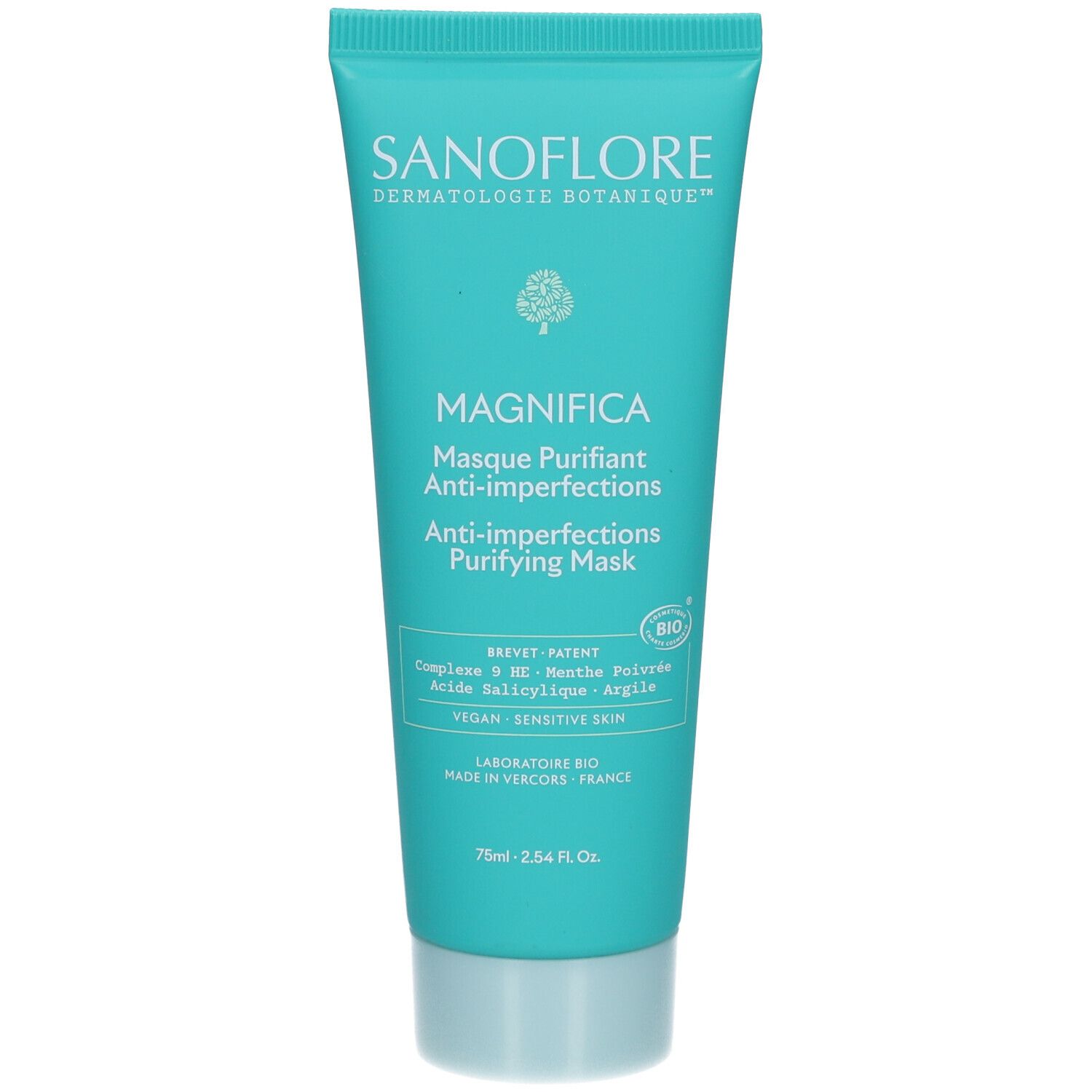 Tube turquoise. Inscriptions: Sanoflore, Magnifica, Masque Purifiant Anti-imperfections. Certification Bio.
