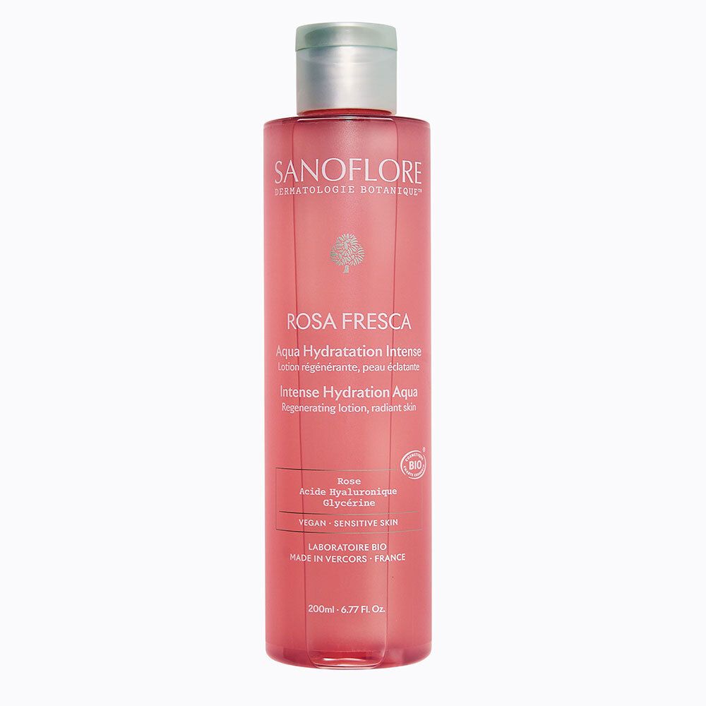 Sanoflore Rosa Fresca : flacon 200ml de liquide rose, bouchon argenté.