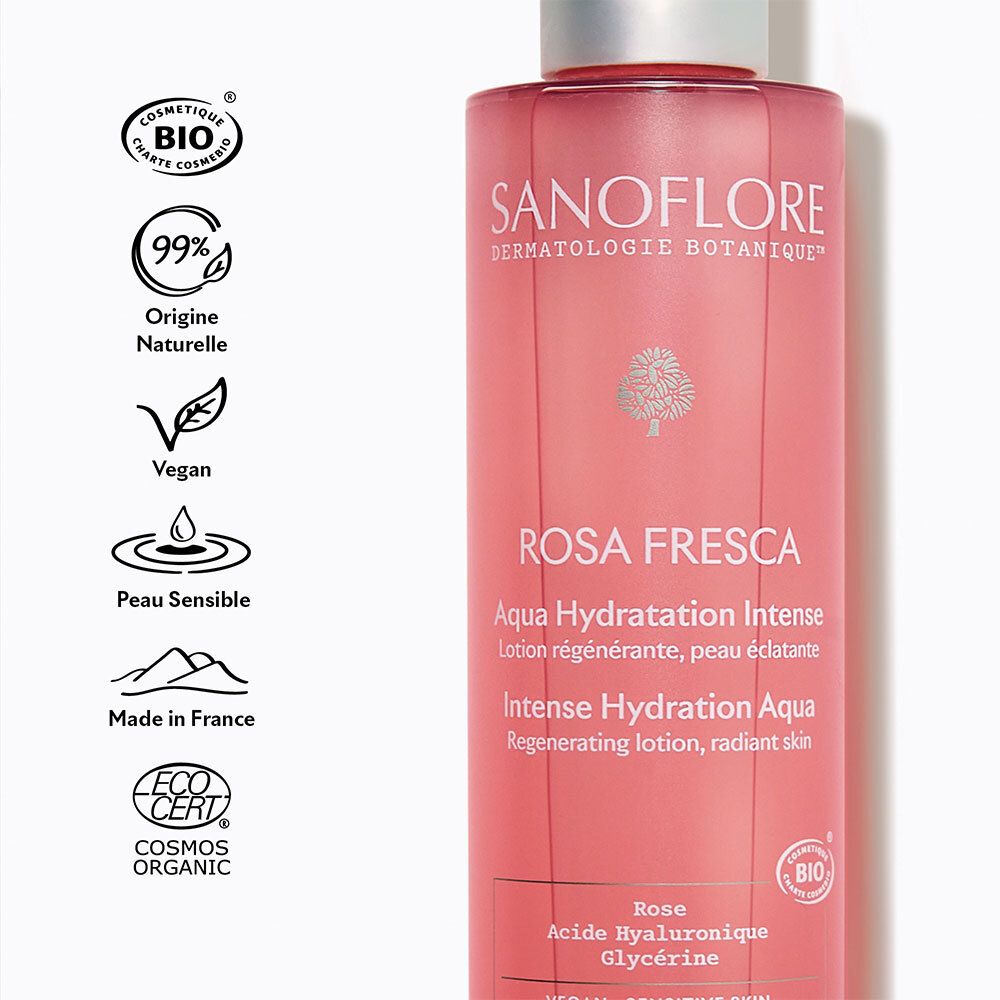 Flasque Sanoflore Rosa Fresca avec sceaux : Bio, 99% origine naturelle, Vegan.