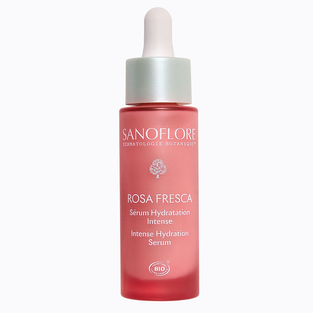 SANOFLORE Sérum à la rose fraîche : flacon en verre avec pipette, sérum rose.