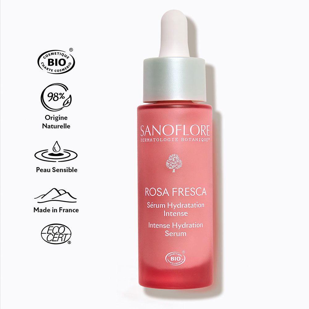 SANOFLORE Sérum à la rose fraîche : flacon avec label Bio, 98% d'origine naturelle, pour peaux sensibles.
