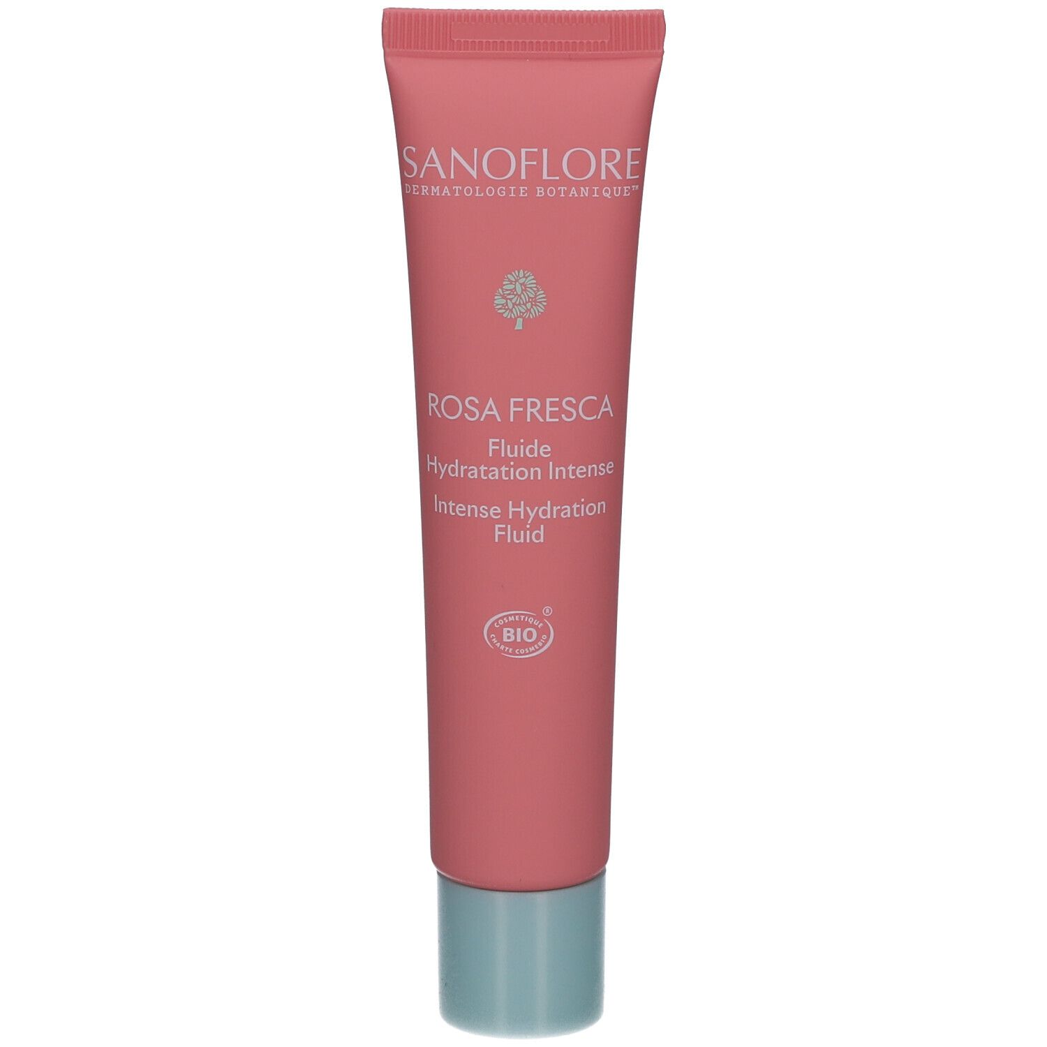 Tube rose. Texte: SANOFLORE, Rosa Fresca, Fluide Hydratation Intense. Bouchon bleu clair. Certification Bio.