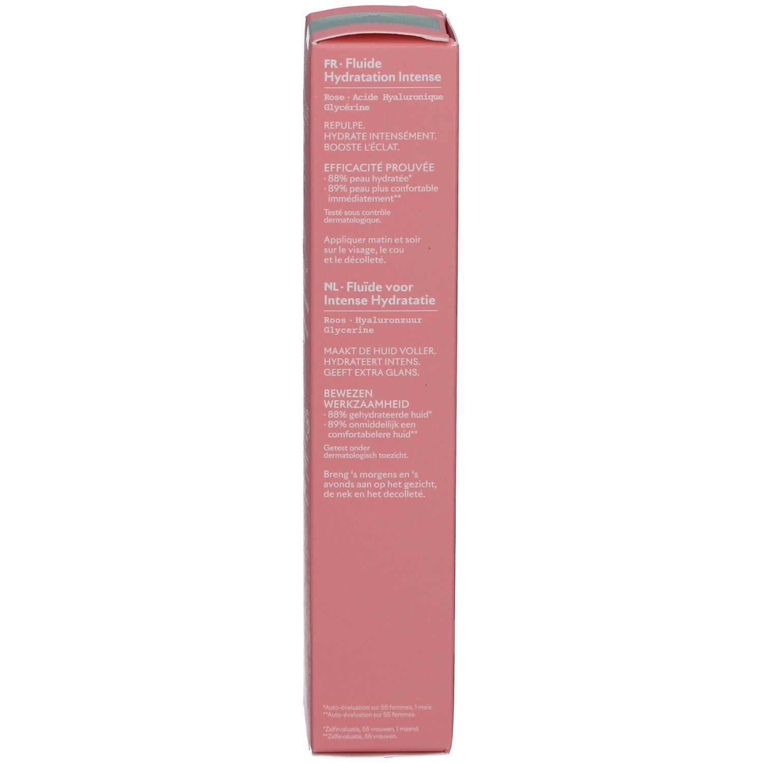 Côté de la boîte. Textes en français et néerlandais. Boîte rose. Certification Bio.