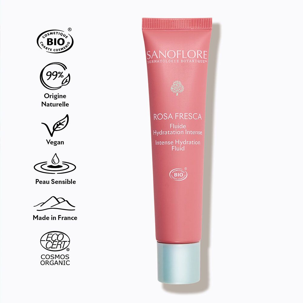 Tube rose avec logo Sanoflore et labels bio : Vegan, Fabriqué en France, COSMOS ORGANIC.