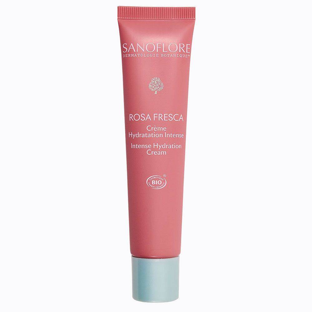 SANOFLORE Rosa Fresca Crème : Tube rose avec bouchon bleu clair. Contient un sceau BIO.