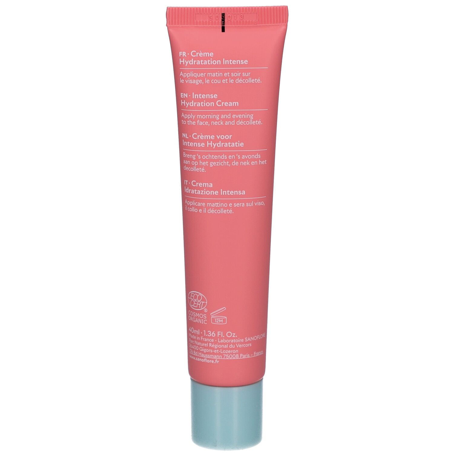 Dos du tube de crème Rosa Fresca. Rose, bouchon bleu. Texte en français, anglais, néerlandais et italien. Label bio.