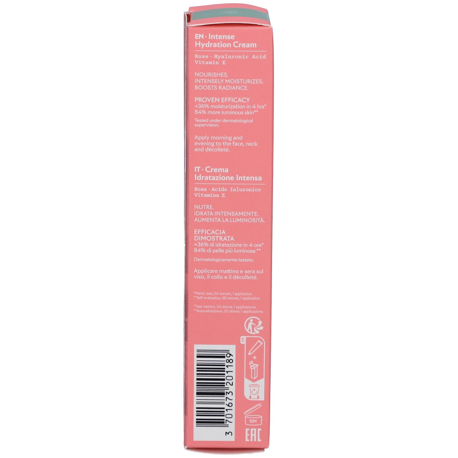 Dos de la boîte de crème Rosa Fresca. Rose, avec des accents verts. Texte en anglais et italien. Label bio.
