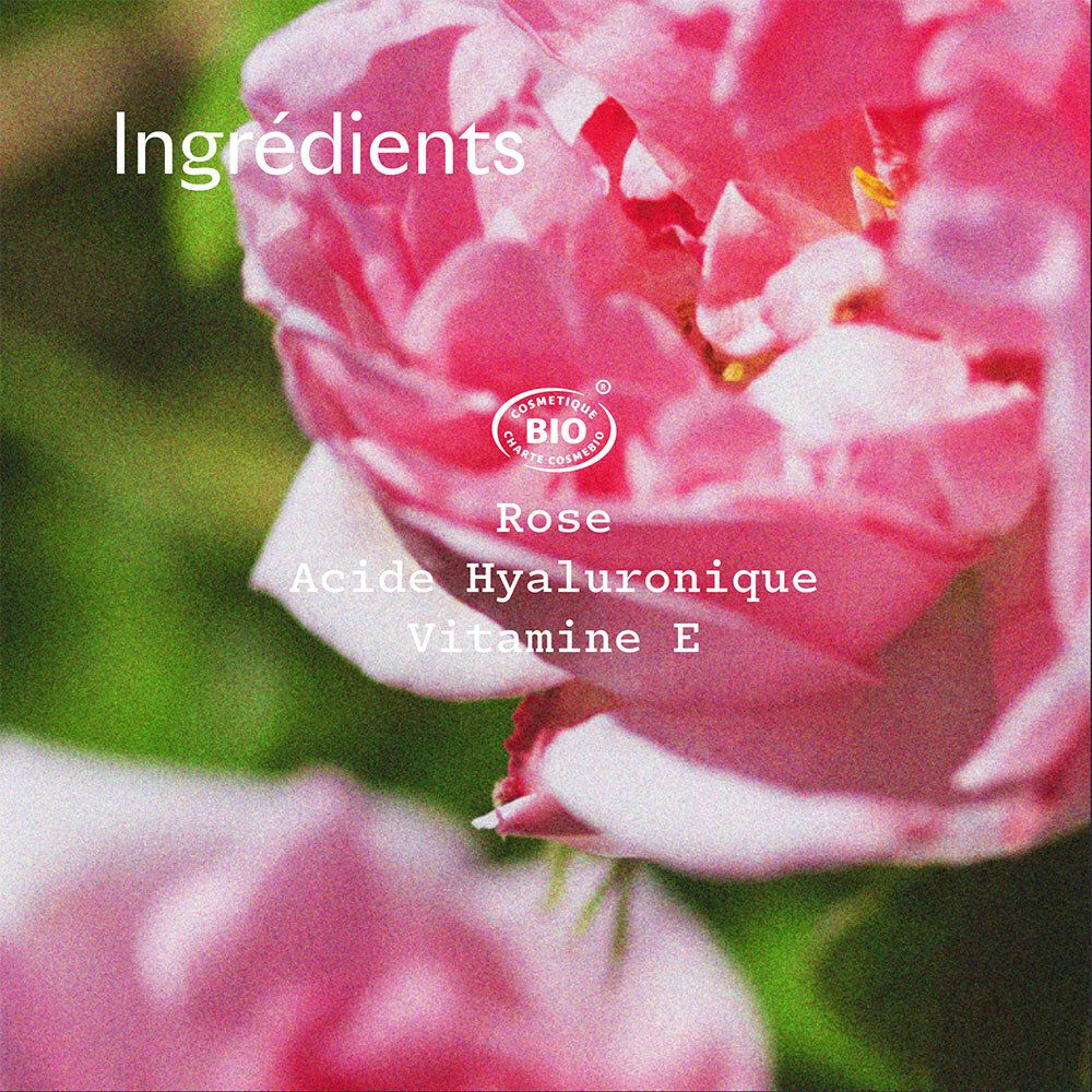 Gros plan de pétales de rose rose avec sceau BIO et texte "Ingrédients Rose, Acide Hyaluronique, Vitamine E".