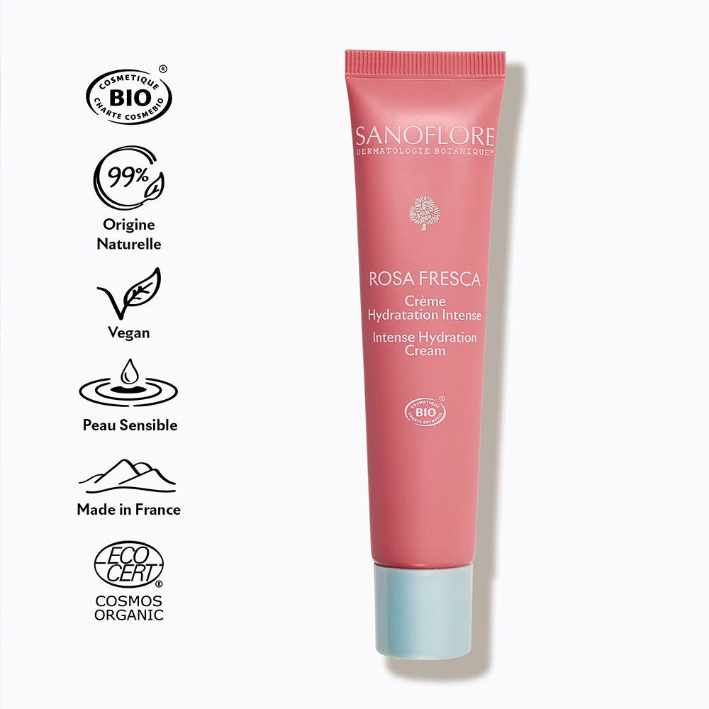 SANOFLORE Rosa Fresca Crème : Tube rose avec bouchon bleu clair, certifications BIO à gauche.