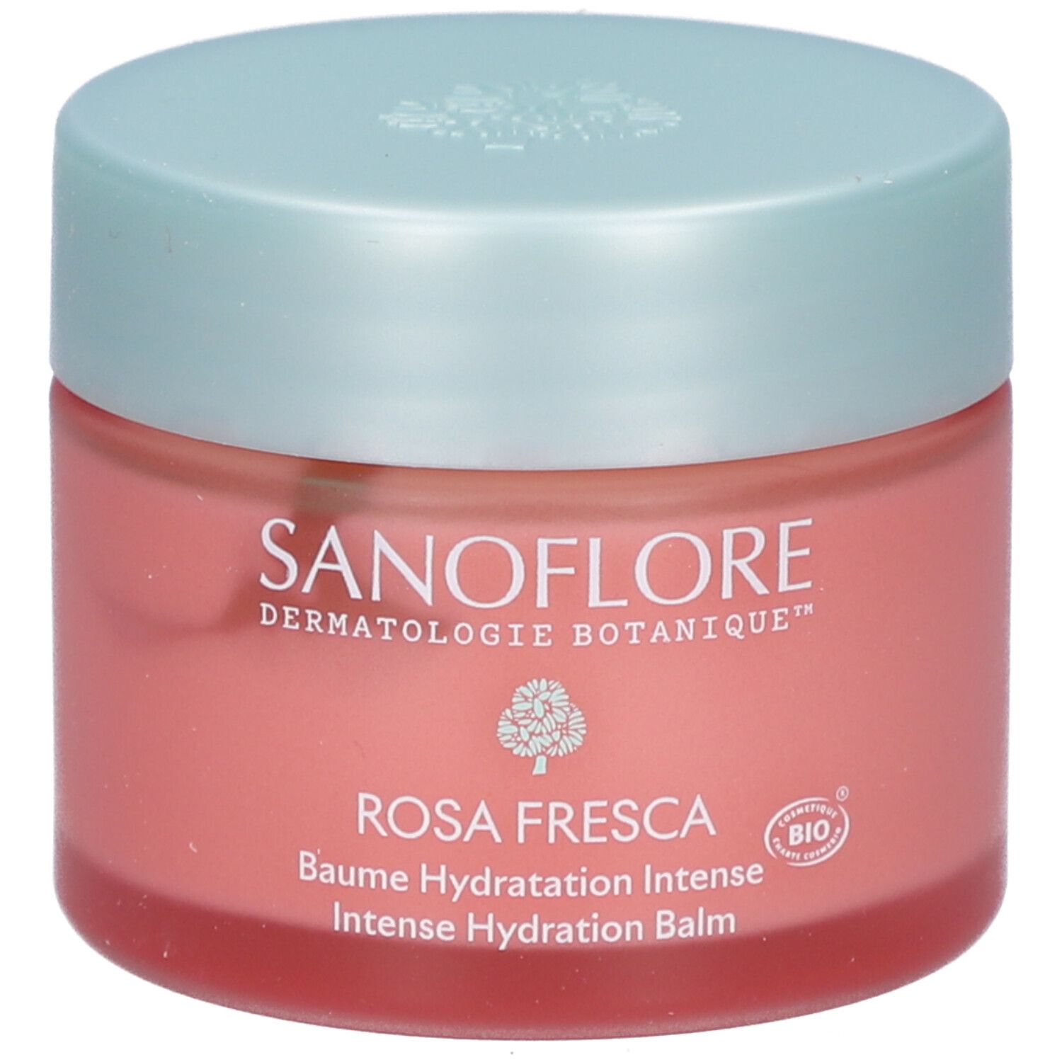 Pot Rosa Fresca Baume Hydratation Intense. Pot rose et couvercle bleu clair. Marque SANOFLORE.