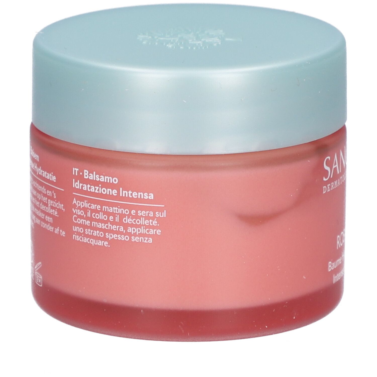 Dos du pot Rosa Fresca Baume Hydratation Intense. Texte en italien, anglais et néerlandais.