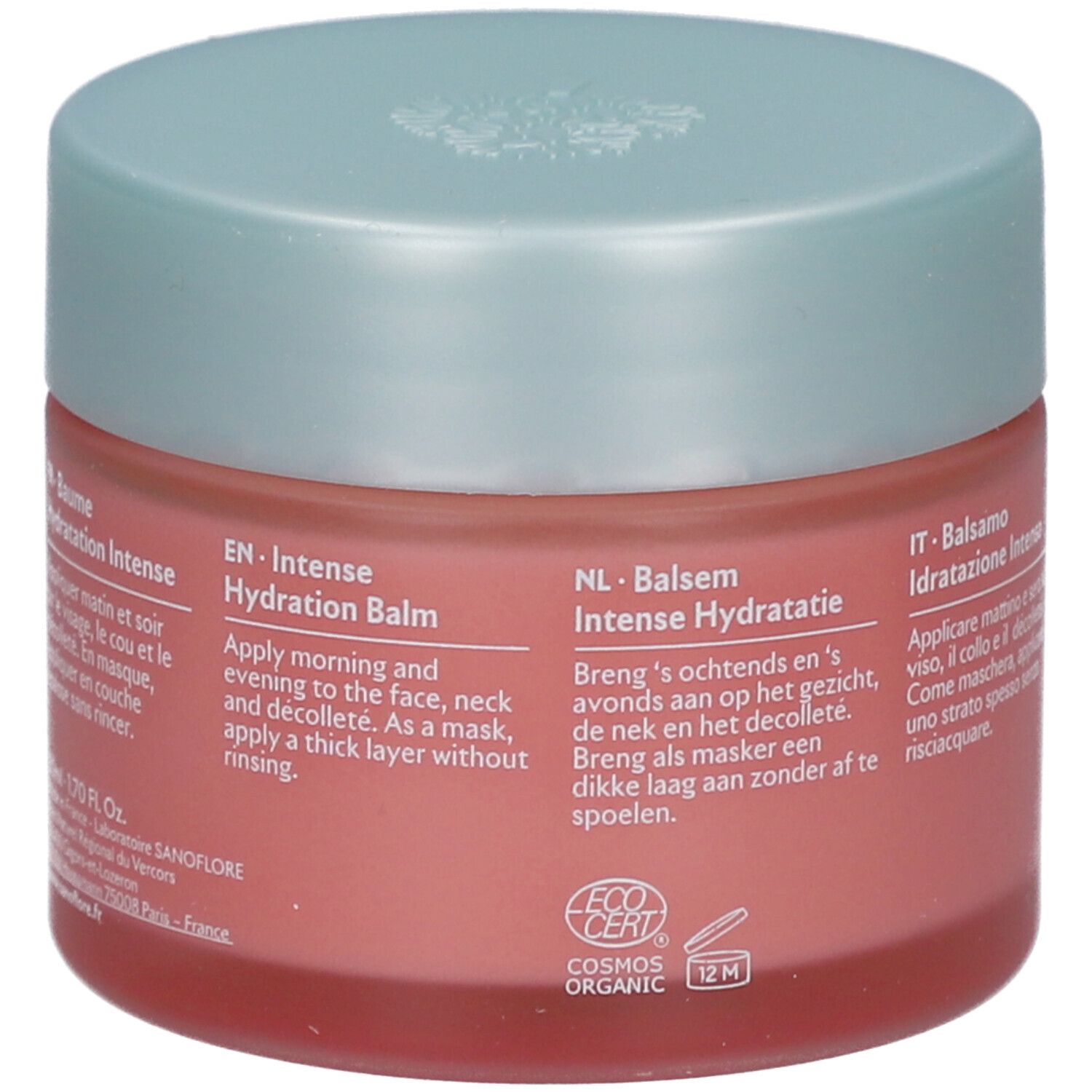 Dos du pot Rosa Fresca Baume Hydratation Intense. Texte en anglais, néerlandais et italien. COSMOS ORGANIC.