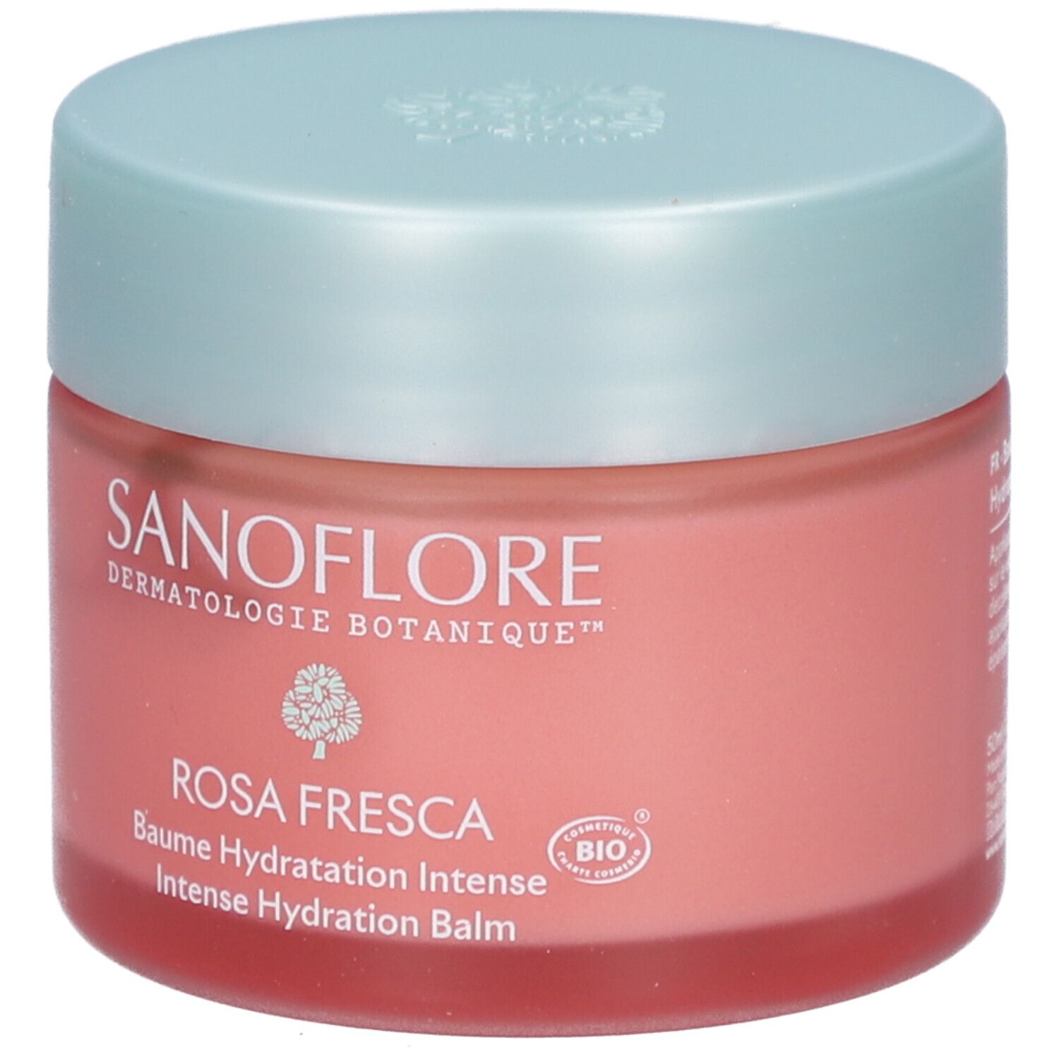 Pot Rosa Fresca Baume Hydratation Intense. Pot rose et couvercle bleu clair. Marque SANOFLORE.