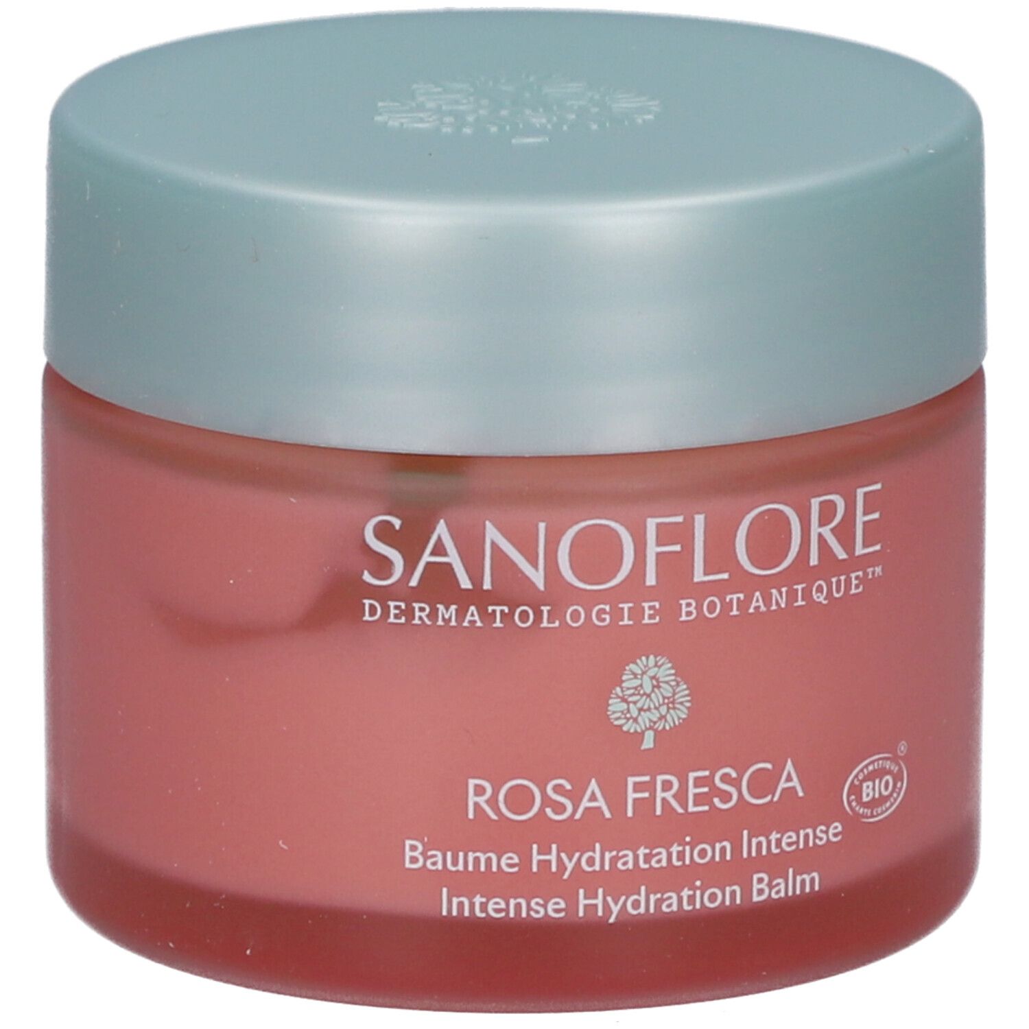Pot Rosa Fresca Baume Hydratation Intense. Pot rose et couvercle bleu clair. Marque SANOFLORE.