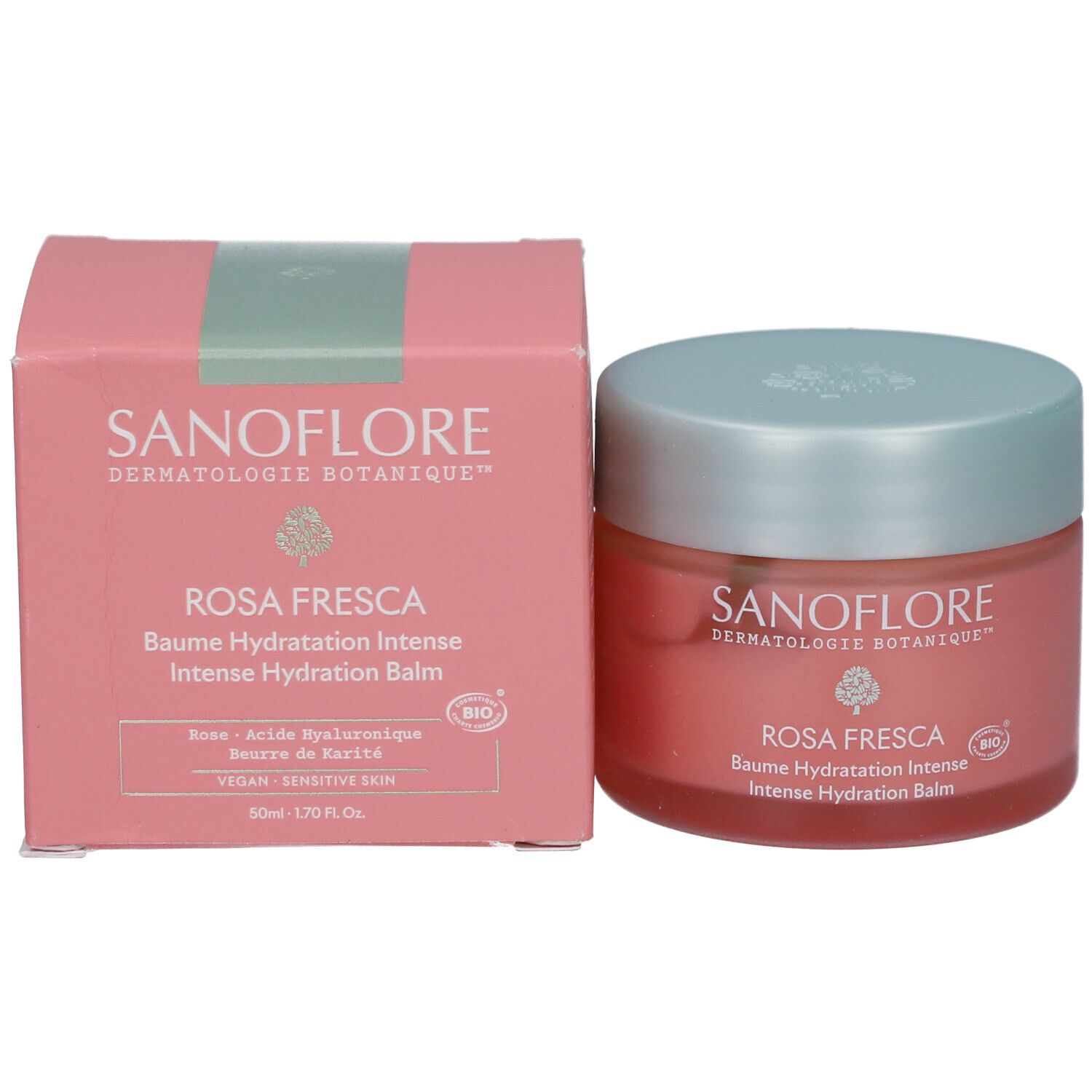 Pot et emballage Rosa Fresca Baume Hydratation Intense. Emballage rose. Marque SANOFLORE.